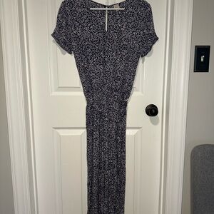 LOFT White and Blue V-Neck Sheath Jumpsuit